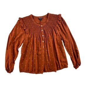 Polka Dot‎ Smocked Rust  Blouse Western Prairie Boho Eighties Petite Small Cute